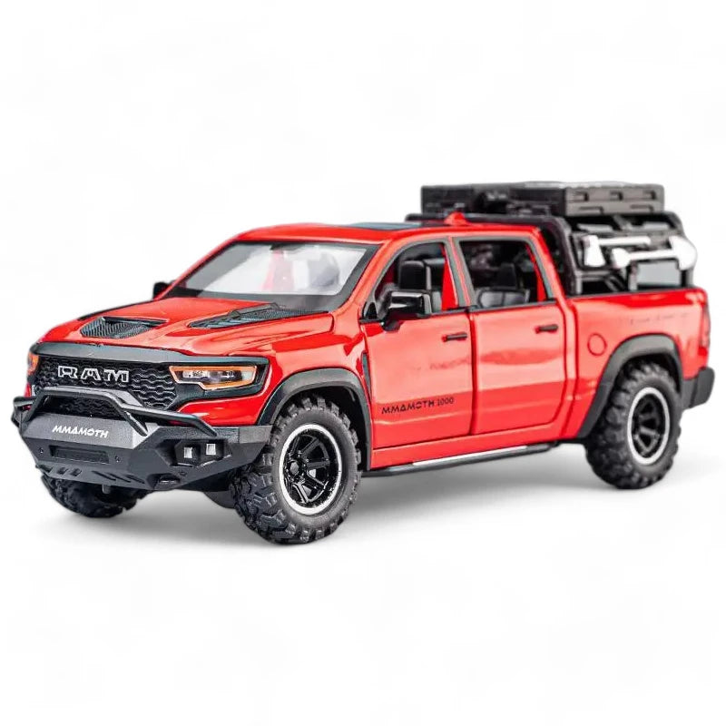 Carro em Minatura Dodge RAM MAMMOTH 1000 TRX 1:32 em Metal com Luzes e Som Vermelho frontal - MiniRare
