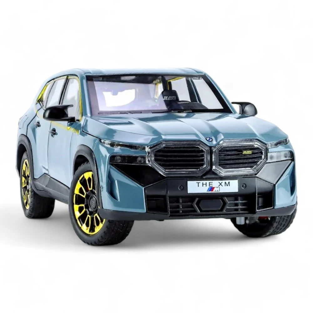 Carro em Miniatura BMW XM 1:24 em Metal com Luzes e Som Azul Frontal - MiniRare