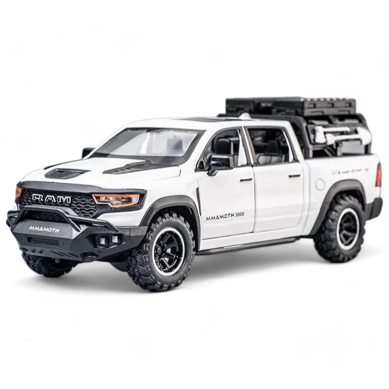 Carro em Miniatura Dodge RAM MAMMOTH 1000 TRX 1:32 em Metal com Luzes e Som Branca - MiniRare
