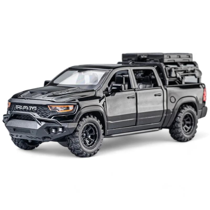Carro em Miniatura Dodge RAM MAMMOTH 1000 TRX 1:32 em Metal com Luzes e Som Preta - MiniRare