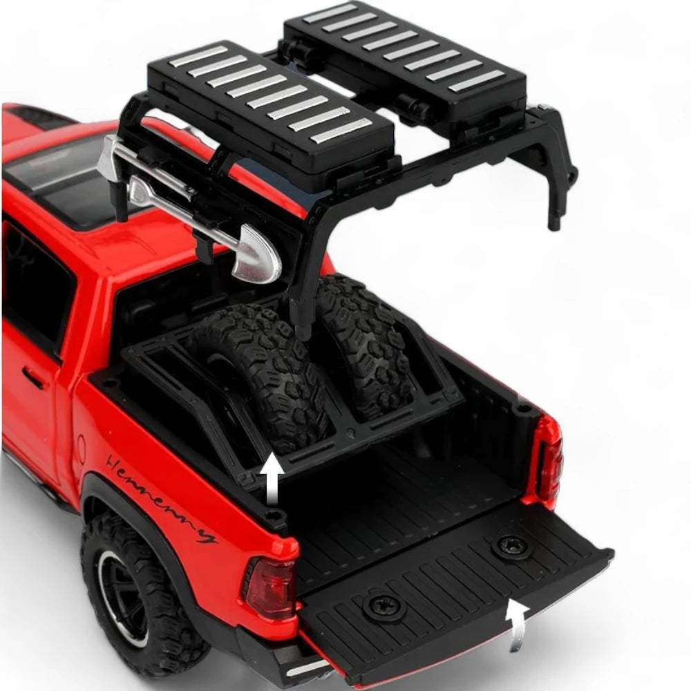 Carro em Miniatura Dodge RAM MAMMOTH 1000 TRX 1:32 em Metal com Luzes e Som Vermelho Acessórios - MiniRare