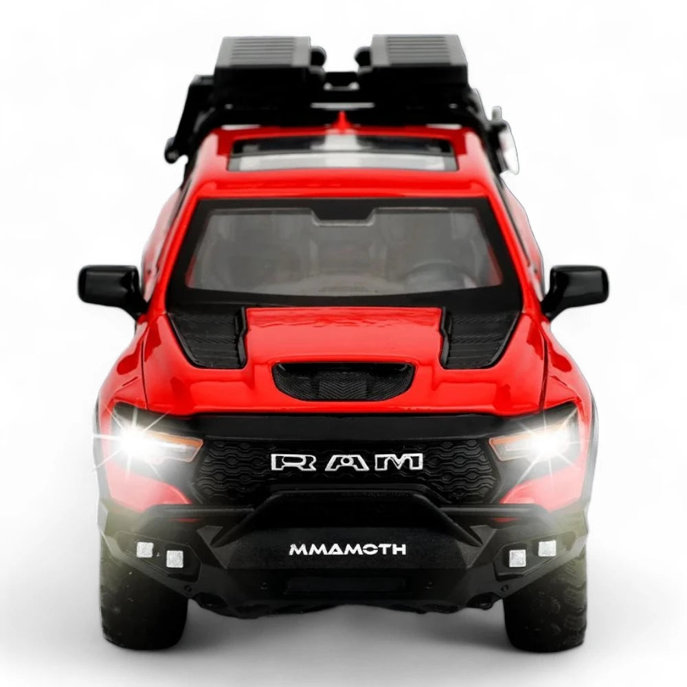 Carro em Miniatura Dodge RAM MAMMOTH 1000 TRX 1:32 em Metal com Luzes e Som Vermelho Farol - MiniRare