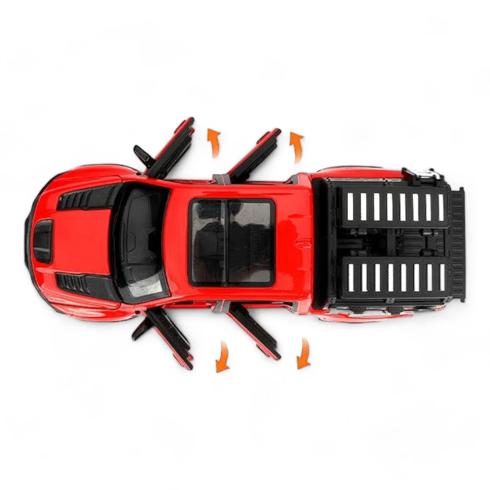 Carro em Miniatura Dodge RAM MAMMOTH 1000 TRX 1:32 em Metal com Luzes e Som Vermelho Portas abertas2 - MiniRare