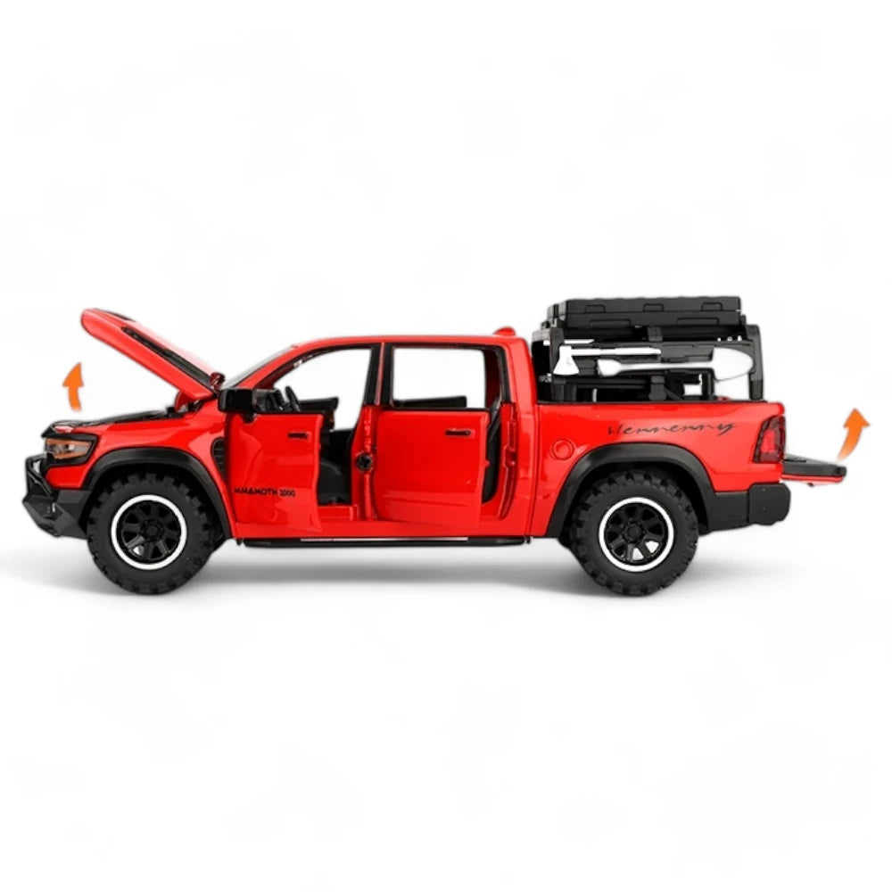 Carro em Miniatura Dodge RAM MAMMOTH 1000 TRX 1:32 em Metal com Luzes e Som Vermelho Portas abertas - MiniRare