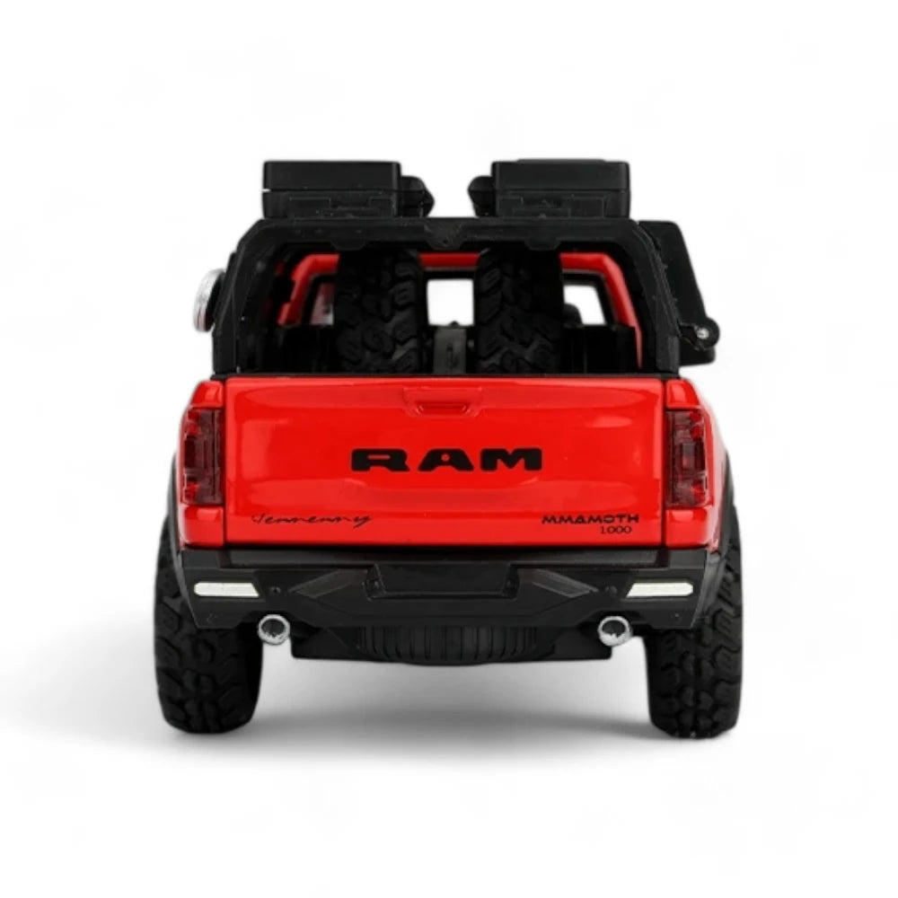 Carro em Miniatura Dodge RAM MAMMOTH 1000 TRX 1:32 em Metal com Luzes e Som Vermelho Traseira - MiniRare