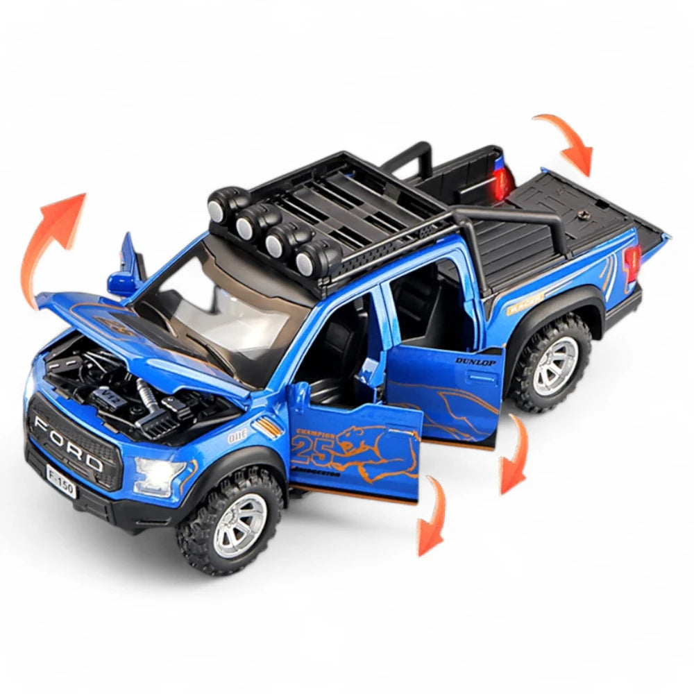 Carro em Miniatura Ford F-150 Raptor 1:32 em Metal com Luzes e Som Azul portas abertas - MiniRare