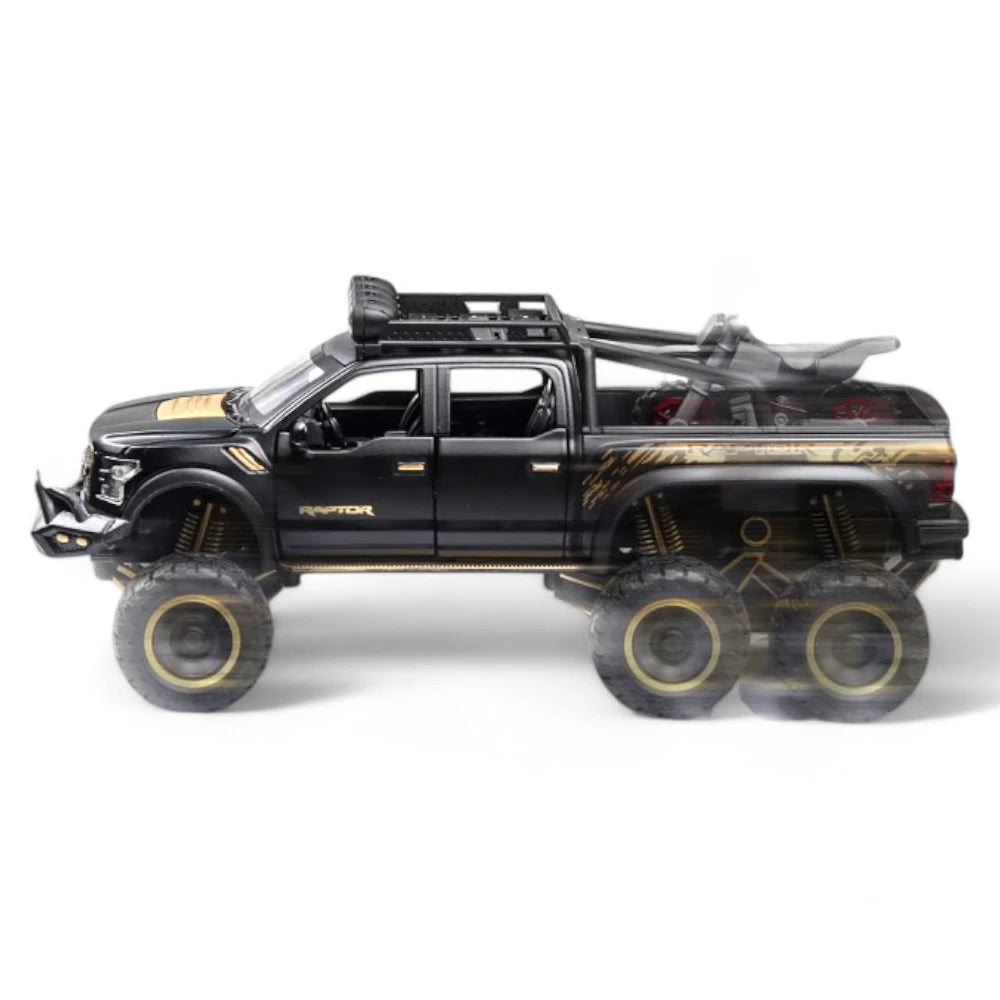 Carro em Miniatura Ford F150 Raptor R 6x6 1:24 em Metal com Luzes preto lateral - MiniRare