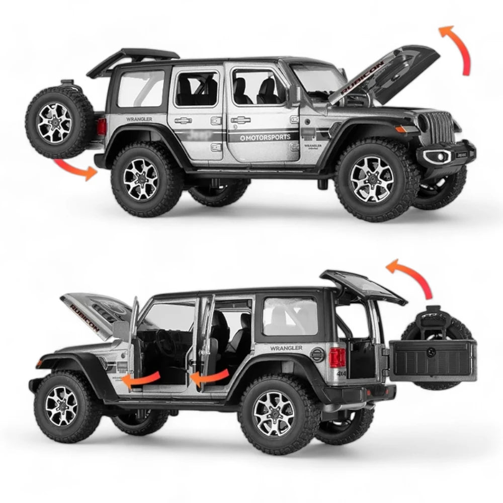 Carro em Miniatura Jeep Wrangler Rubicon 4x4 Prata Escala 1:22 com Portas, Capô e Porta-Malas Abertos - MiniRare