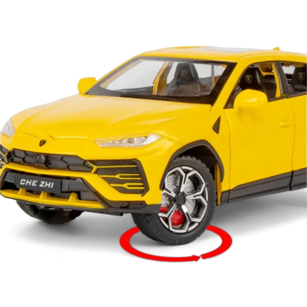Carro em Miniatura Lamborghini URUS Bison 1:24 em Metal com Luzes e Som Amarelo Rodas - MiniRare
