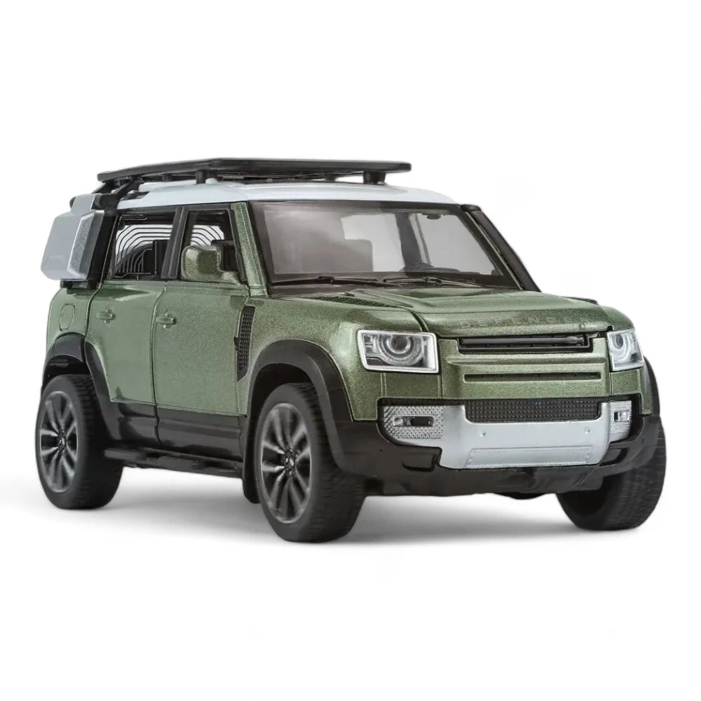 Carro em Miniatura Land Rover Defender 1:32 em Metal com Luzes e Som Verde - MiniRare