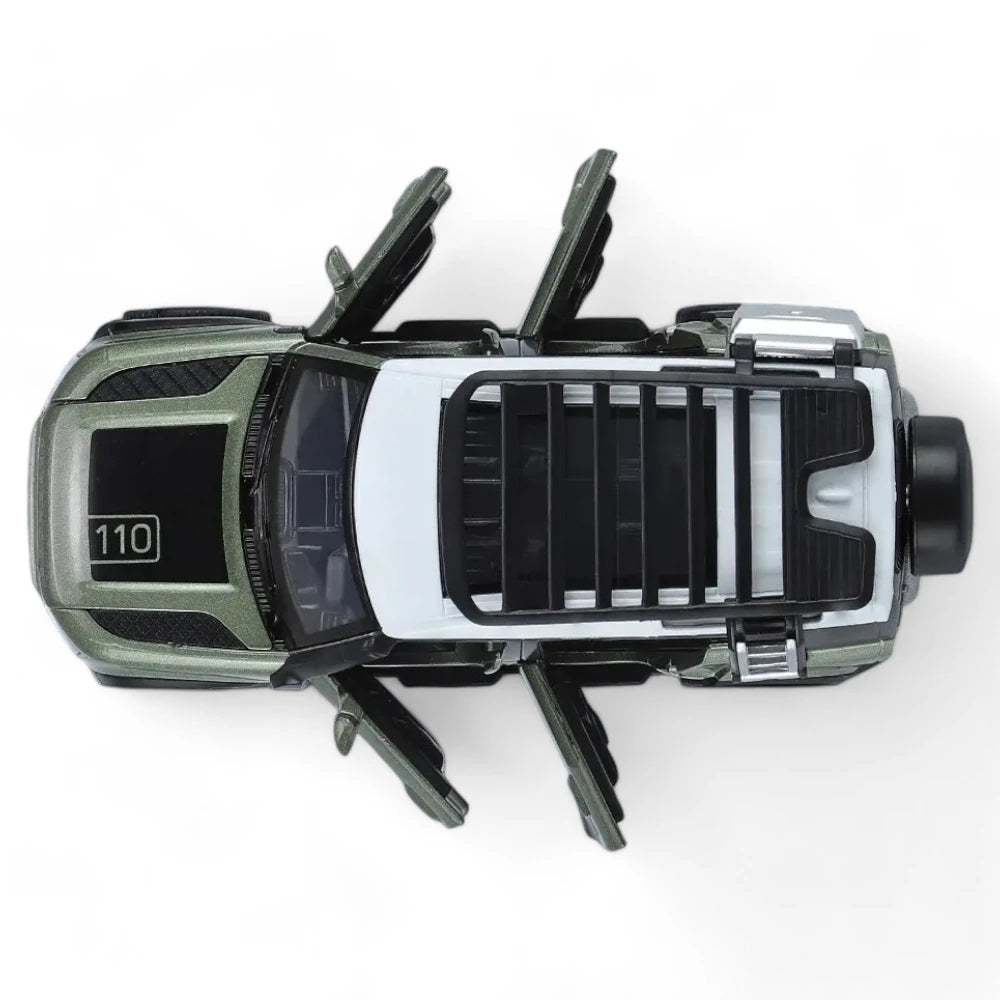 Carro em Miniatura Land Rover Defender 1:32 em Metal com Luzes e Som Verde Portas Abertas - MiniRare