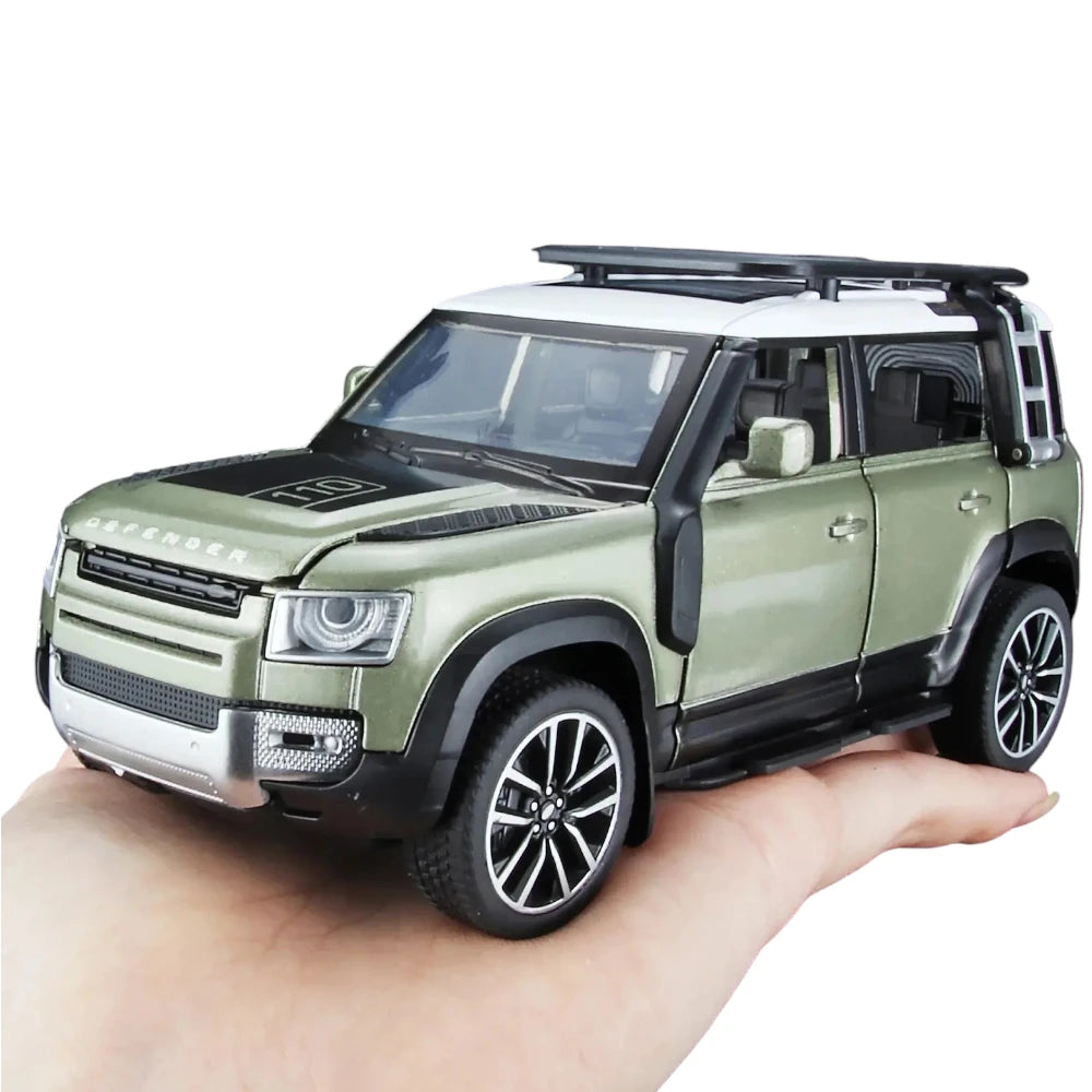 Carro em Miniatura Land Rover Defender 1:32 em Metal com Luzes e Som Verde Tamanho - MiniRare