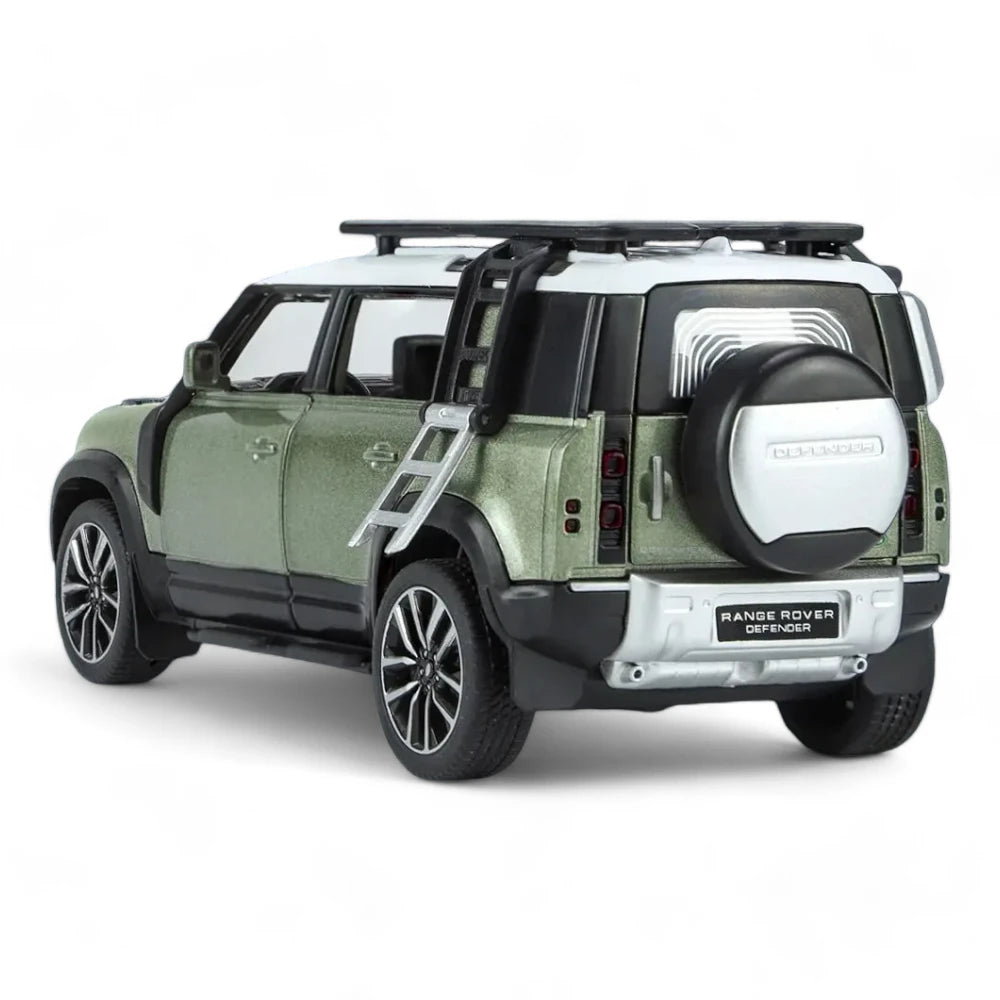 Carro em Miniatura Land Rover Defender 1:32 em Metal com Luzes e Som Verde traseiro - MiniRare