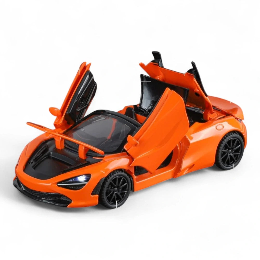 Carro em Miniatura McLaren 720S 1:32 em Metal com Luzes e Som Laranja detalhes - MiniRare