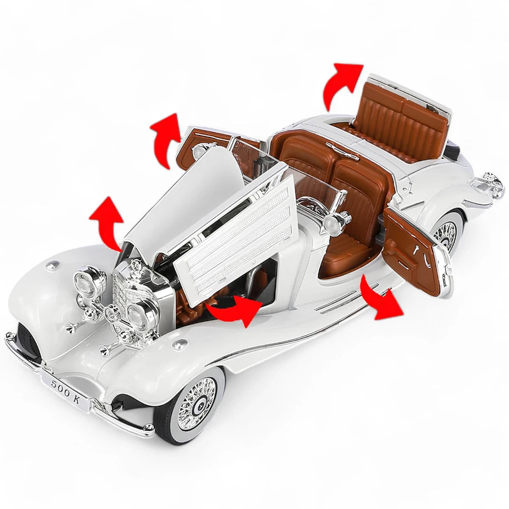 Carro em Miniatura Mercedes-Benz 500K Special Roadster 1936 1:24 na Cor Branca com Portas Abertas - MiniRare