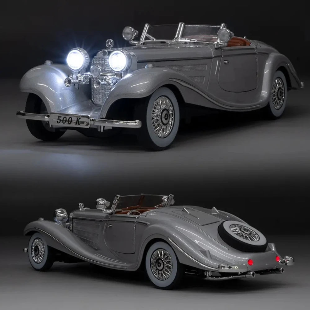 Carro em Miniatura Mercedes-Benz 500K Special Roadster 1936 1:24 na Cor Prata com Luzes dos Faróis Dianteiros e Traseiros Ativados - MiniRare