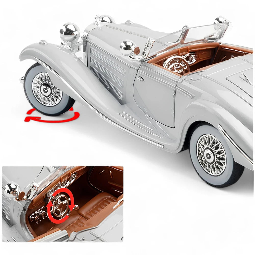 Carro em Miniatura Mercedes-Benz 500K Special Roadster 1936 1:24 na Cor Prata com Volante Vinculado as Rodas - MiniRare
