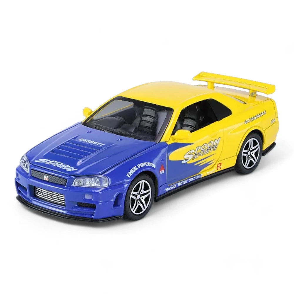 Carro em Miniatura Nissan Skyline GT-R R34 Velozes e Furioso Edition 1:32 em Metal amarelo com Luzes e Som - MiniRare