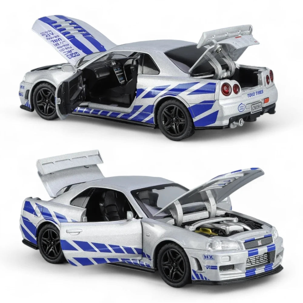 Carro em Miniatura Nissan Skyline GT-R R34 Velozes e Furioso Edition 1:32 em Metal azul com Luzes e Som - MiniRare