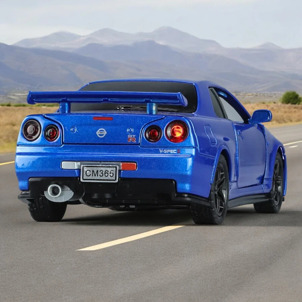 Carro em Miniatura Nissan Skyline GT-R R34 Velozes e Furioso Edition 1:32 em Metal azul com Luzes e Som perola - MiniRare
