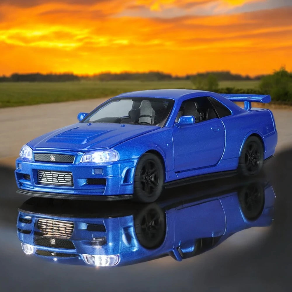 Carro em Miniatura Nissan Skyline GT-R R34 Velozes e Furioso Edition 1:32 em Metal azul perola com Luzes e Som - MiniRare