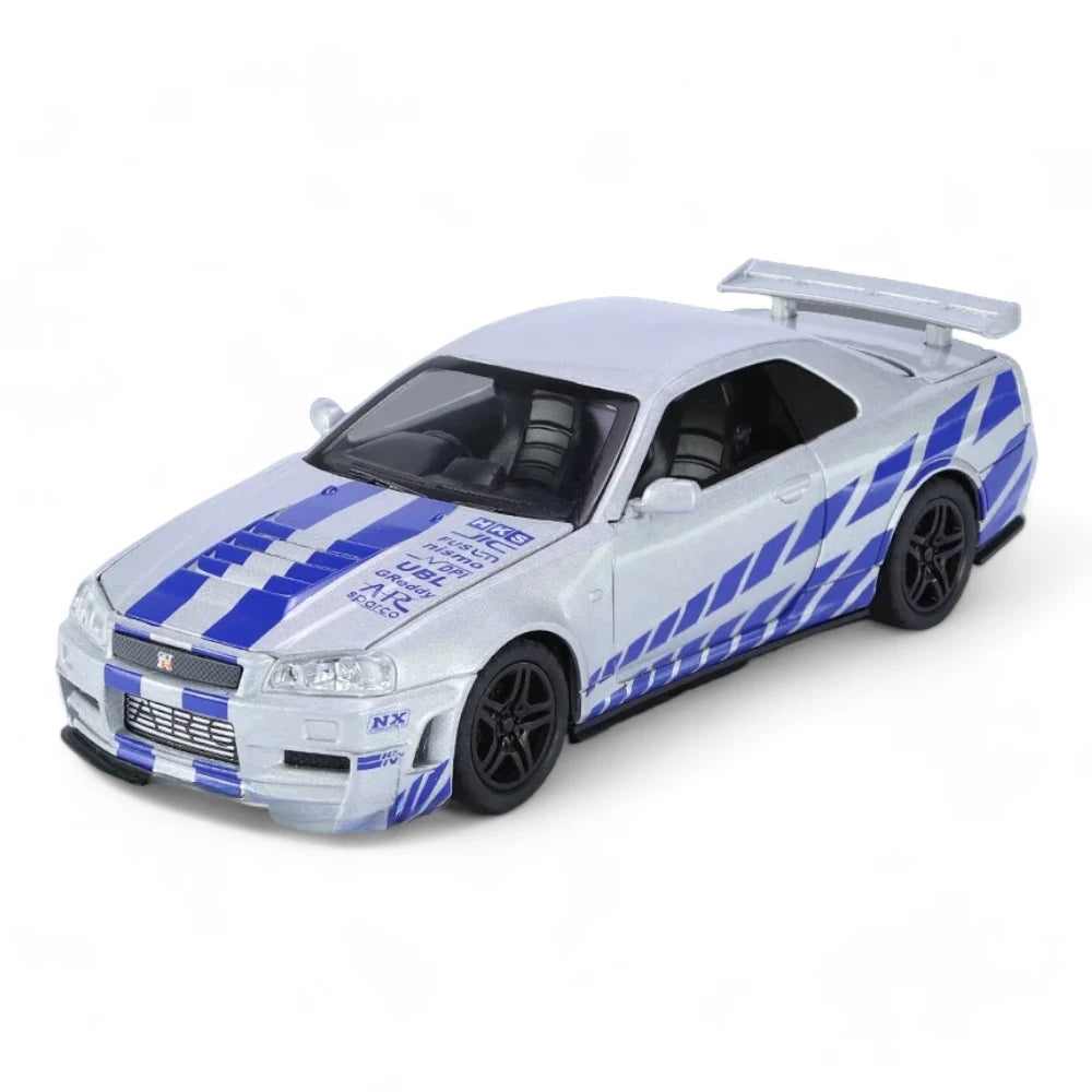 Carro em Miniatura Nissan Skyline GT-R R34 Velozes e Furioso Edition 1:32 em Metal com Luzes e Som azul - MiniRare