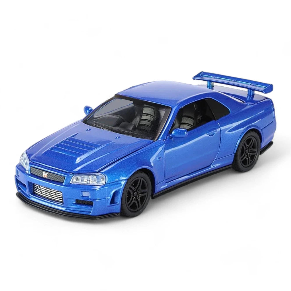Carro em Miniatura Nissan Skyline GT-R R34 Velozes e Furioso Edition 1:32 em Metal perola azul com Luzes e Som - MiniRare