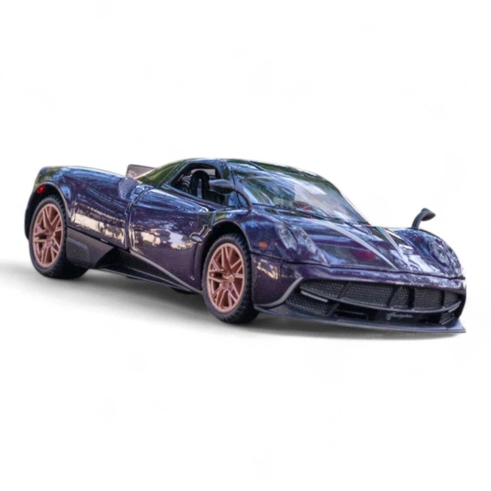 Carro em Miniatura Pagani Huayra Dinastia 1:32 em Metal com Luzes e Som Roxo - MiniRare