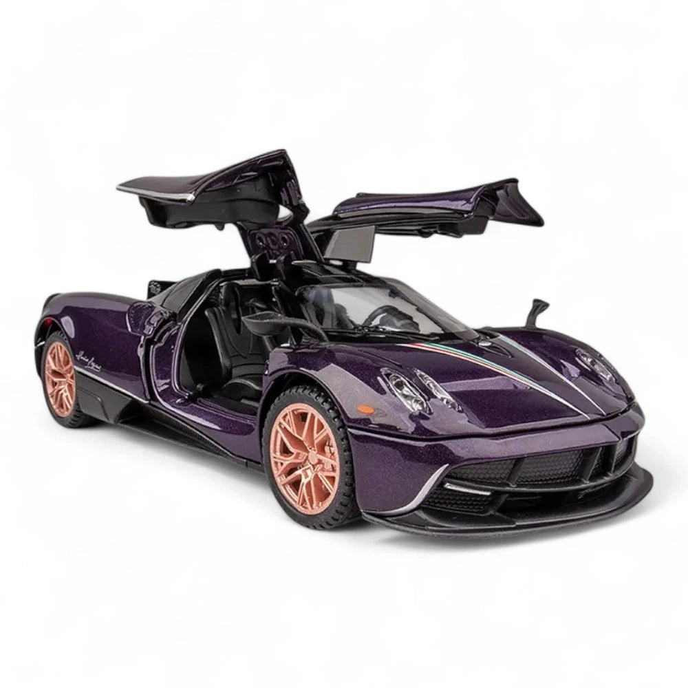 Carro em Miniatura Pagani Huayra Dinastia 1:32 em Metal com Luzes e Som roxa 1 - MiniRare