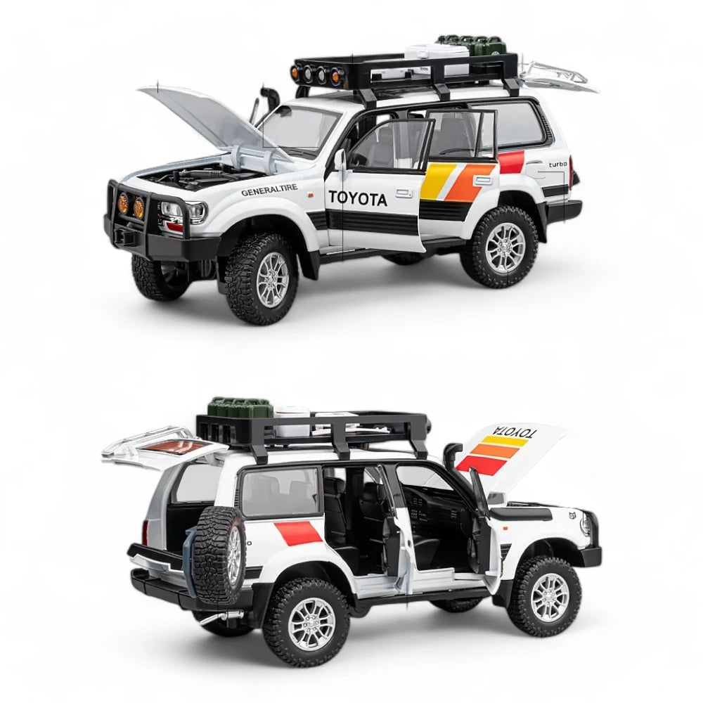 Carro em Miniatura Toyota Land Cruiser Lc80 Branco com portas abertas 1:24 em Metal com Luzes e Som - MiniRare