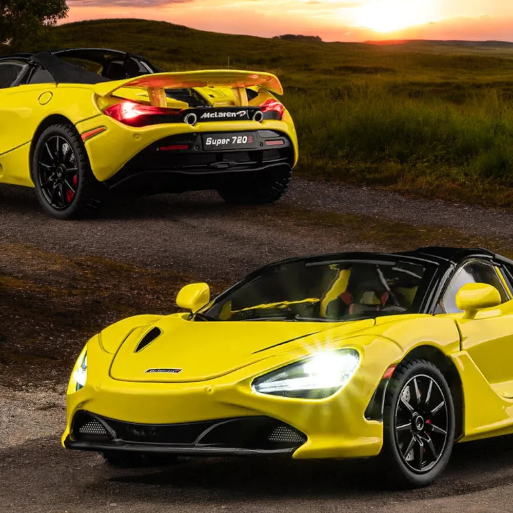 Carro em miniatura McLaren 720S 1:24 Amarelo rua em Metal com Luzes e Som