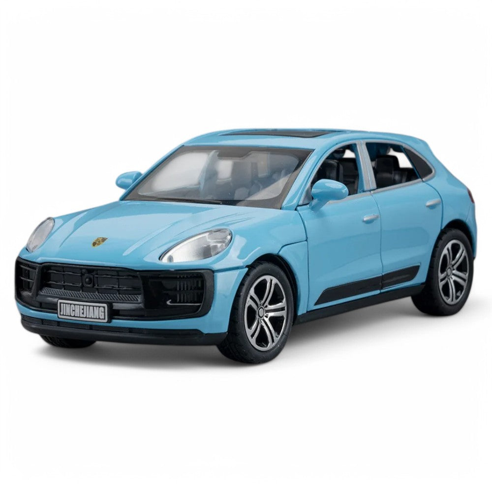 Carro em miniatura Porsche Macan T 1:32 em Metal com Luzes e Som Azul - MiniRare