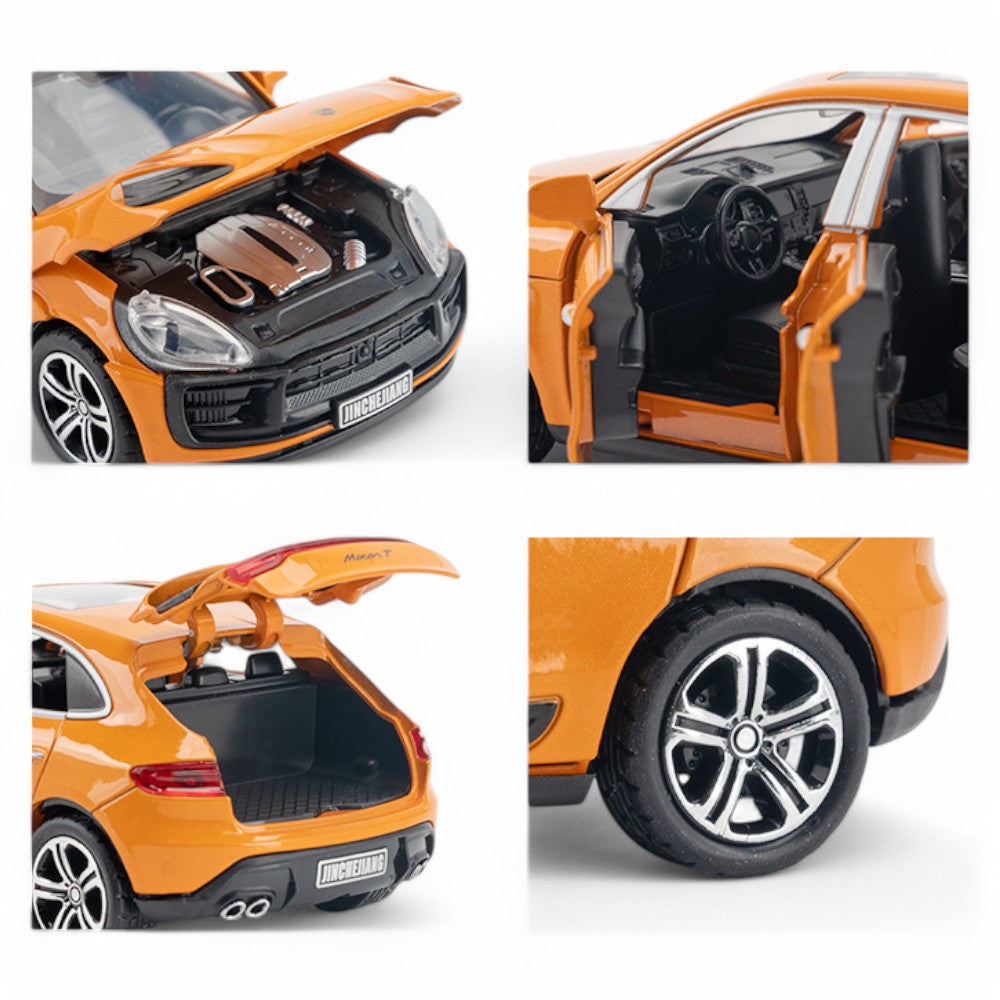 Carro em miniatura Porsche Macan T 1:32 em Metal com Luzes e Som Laranja em detalhes - MiniRare