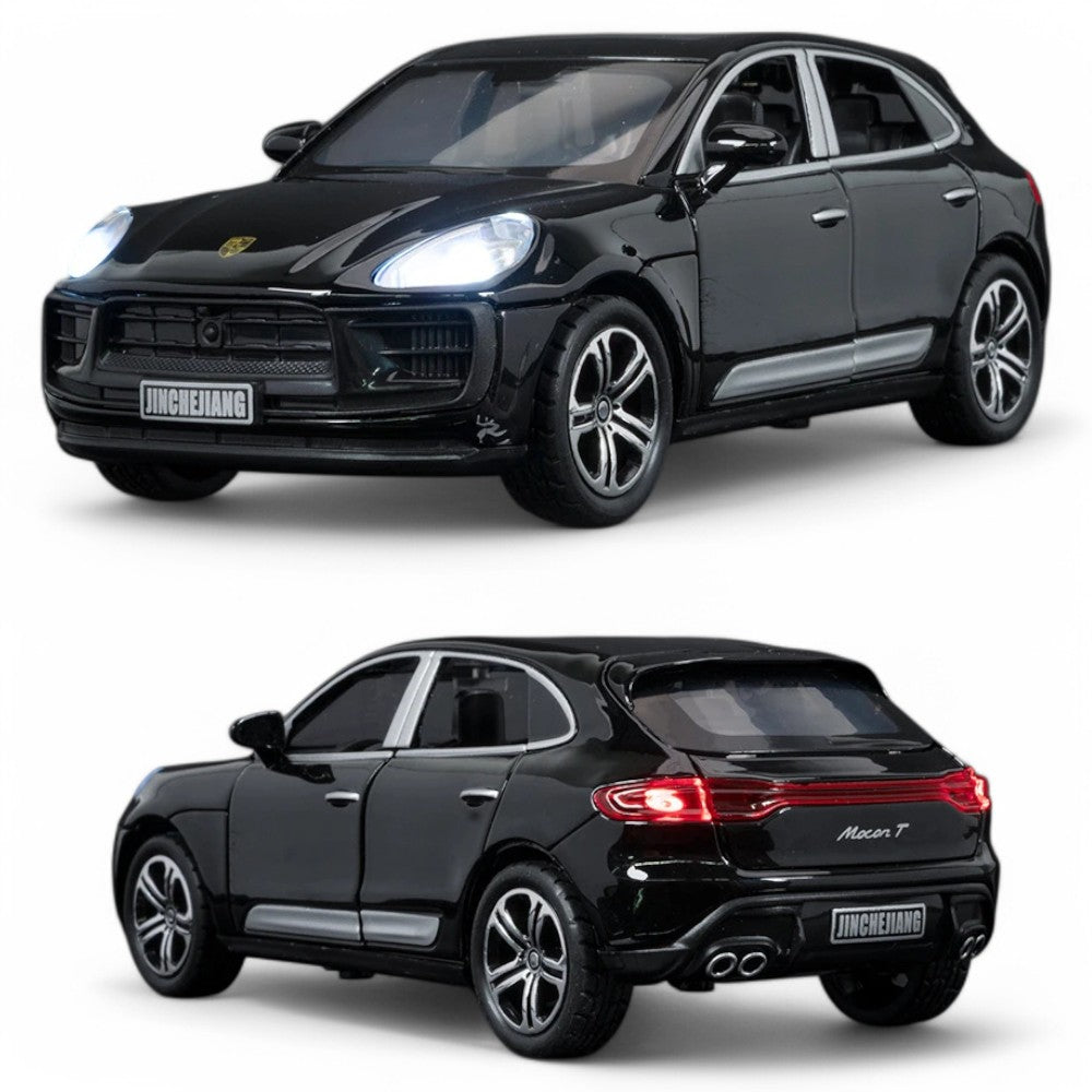 Carro em miniatura Porsche Macan T 1:32 em Metal com Luzes e Som Preta com farol aceso - MiniRare