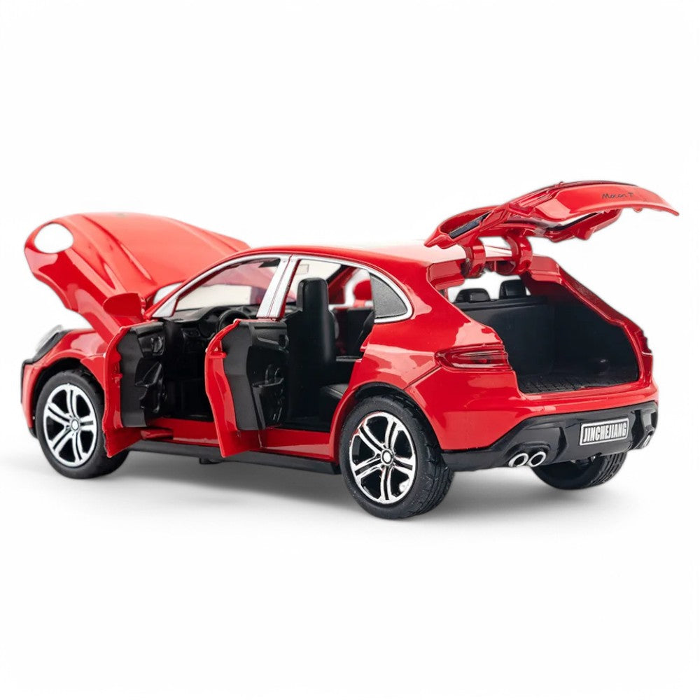 Carro em miniatura Porsche Macan T 1:32 em Metal com Luzes e Som Vermelho com portas abertas - MiniRare