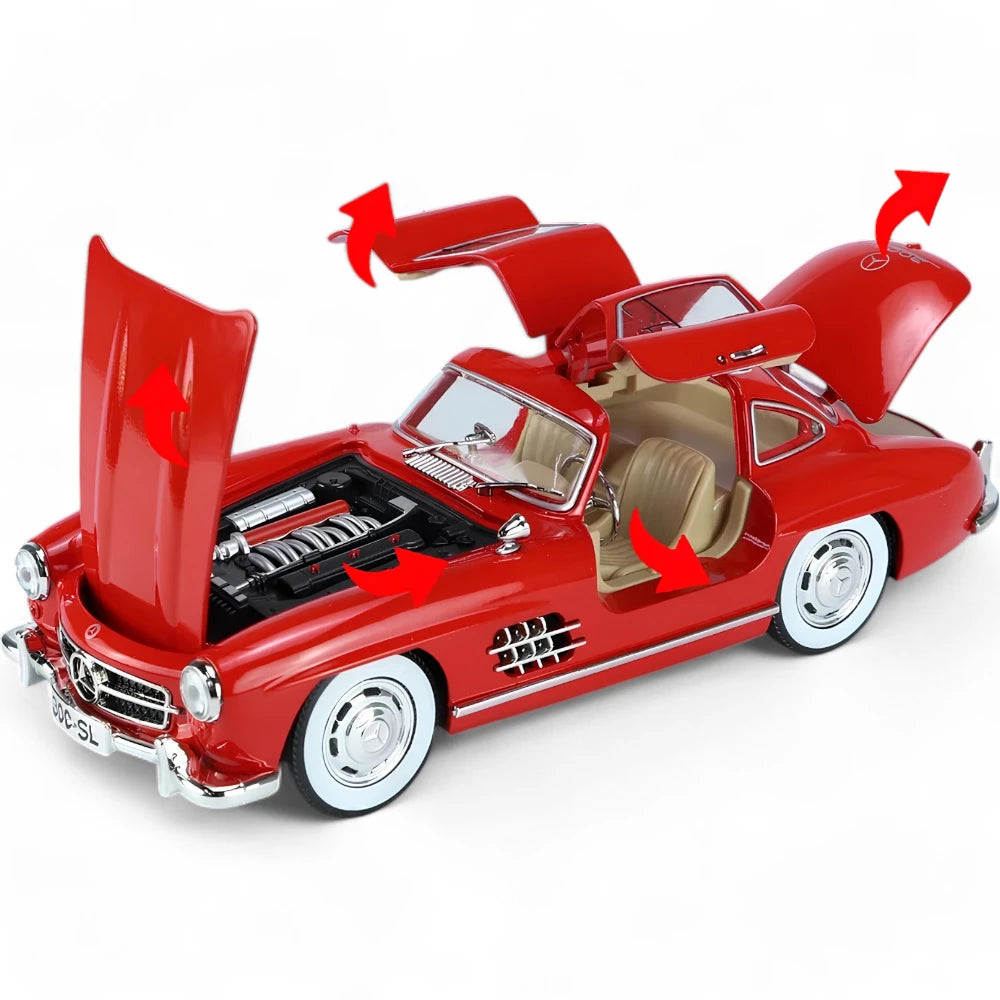 Miniatura Carro Mercedes-Benz 300 SL 1957 1:24 em Metal com Portas Abertas, Porta-Malas Aberto e Capô Aberto - MiniRare