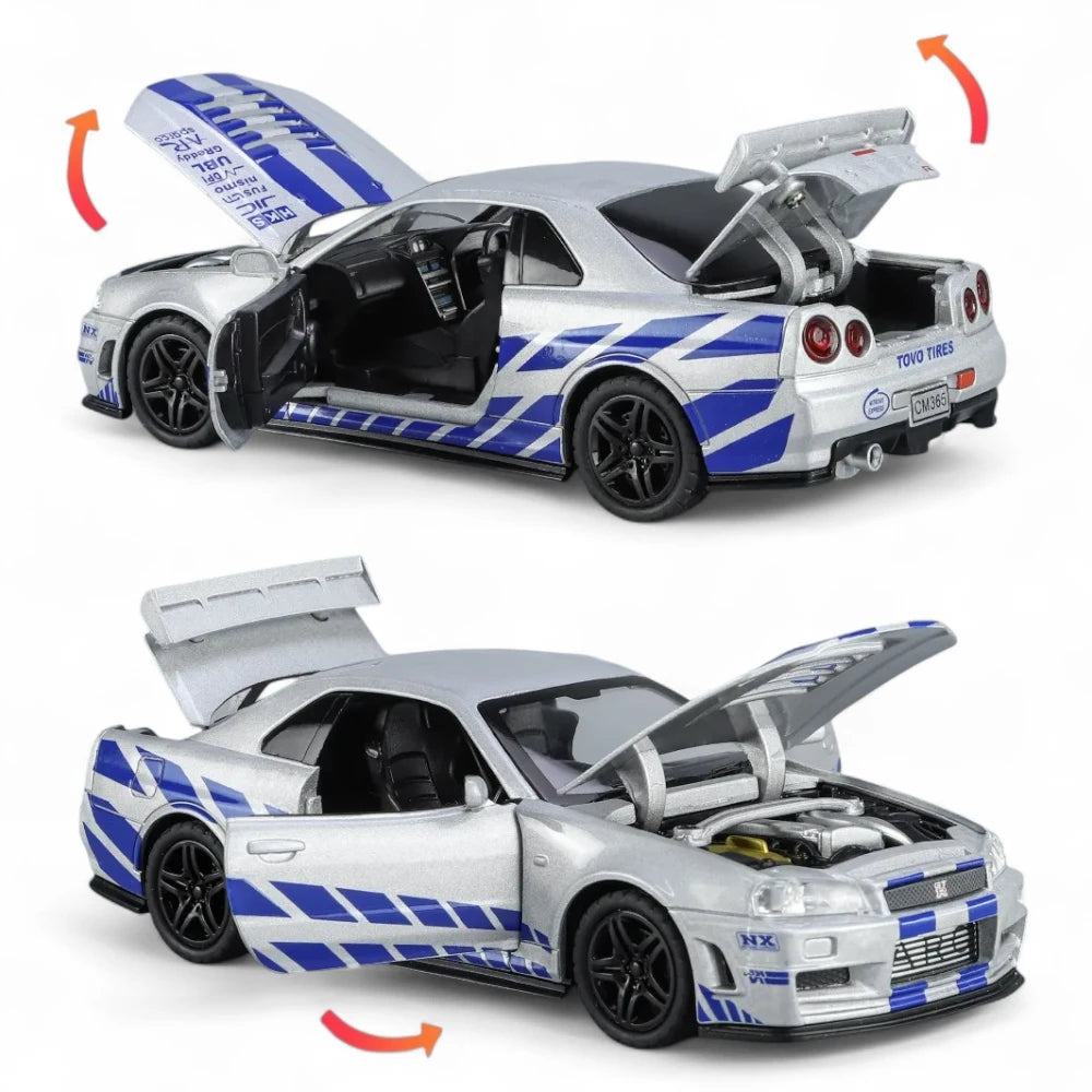 Nissan Skyline R34 GT-R 1:32 em Metal com Luzes e Som